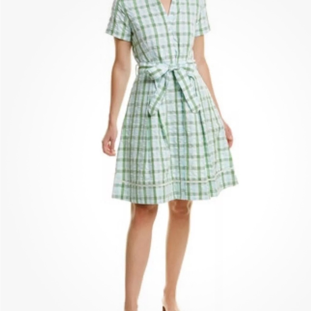 Brooks Brothers Green and White V-Neck A-Line Dress